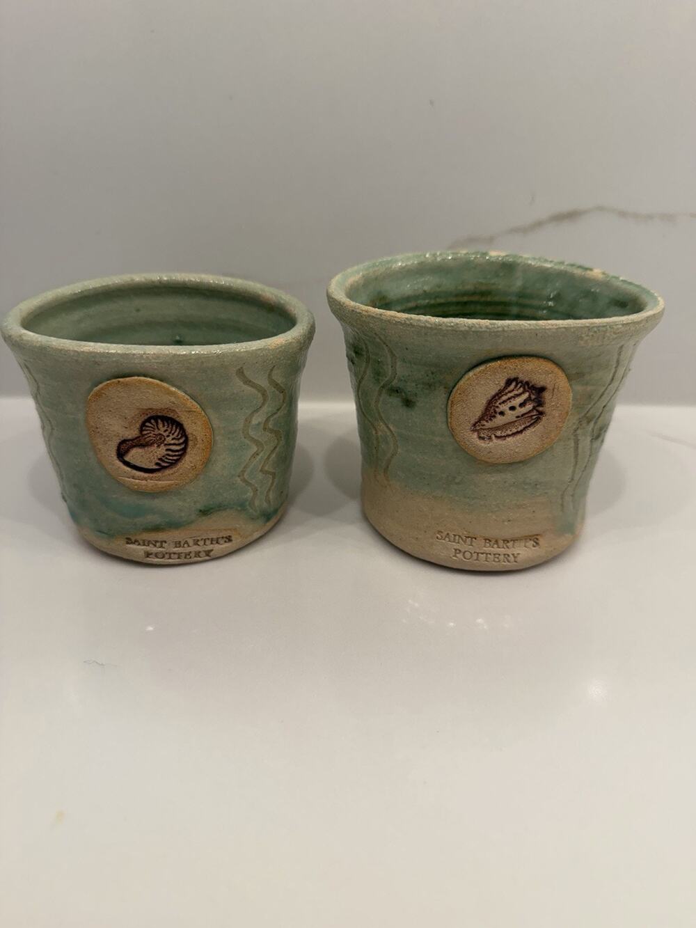 Saint Barths Pottery Pair Handmade Stoneware Cups Seashell Nautilus Caribbean
